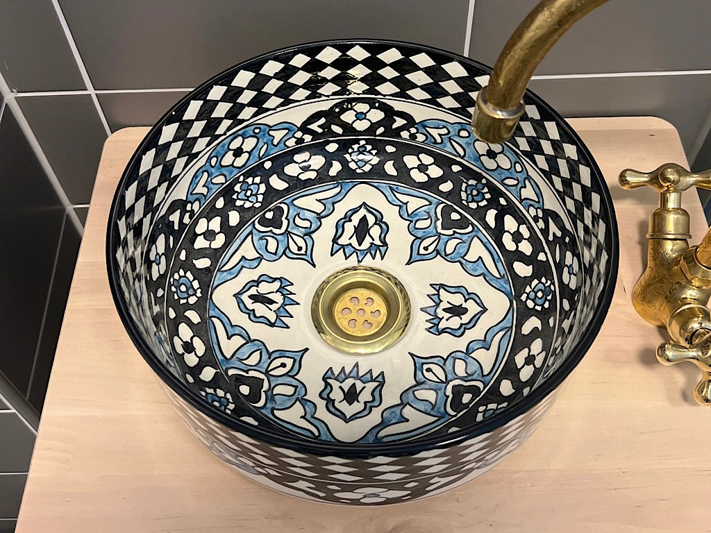 Handgemaakte Marokkaanse Waskom blauw/zwart 30 cm
