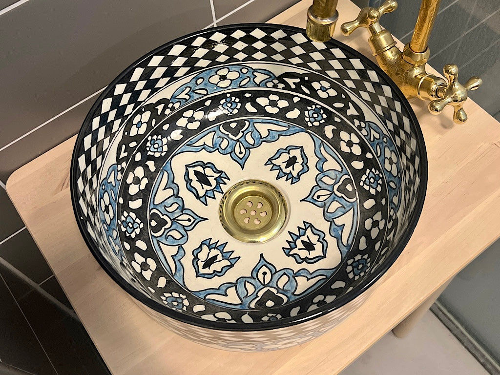 Handgemaakte Marokkaanse Waskom blauw/zwart 30 cm