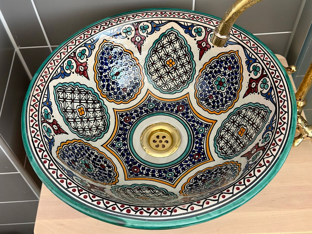 Handgemaakte Marokkaanse Waskom Turquoise Mozaïekmedaillon – 40 cm
