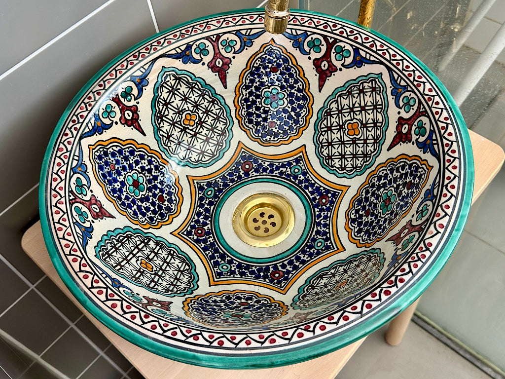 Handgemaakte Marokkaanse Waskom Turquoise Mozaïekmedaillon – 40 cm
