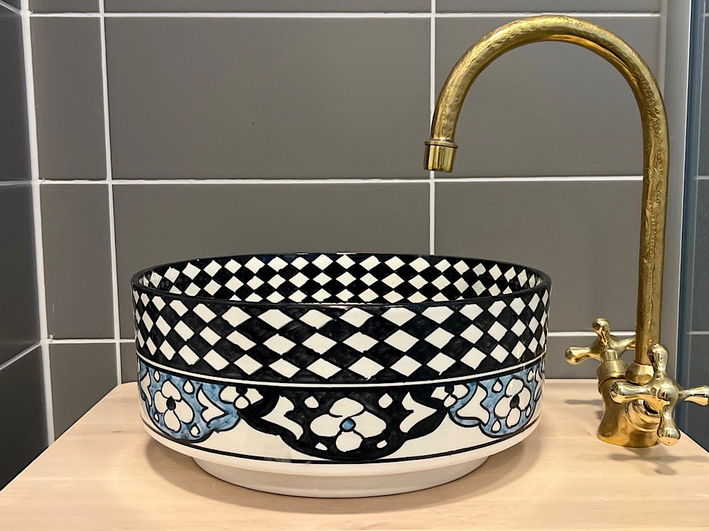 Handgemaakte Marokkaanse Waskom blauw/zwart 30 cm