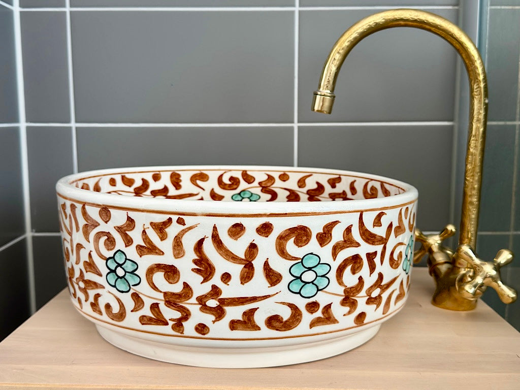 Handgemaakte Marokkaanse Waskom Terracotta Bloesemrank – 35 cm