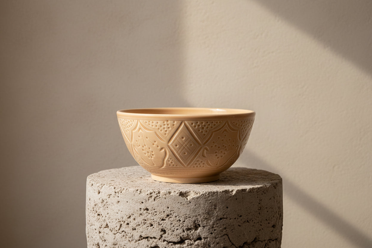 Grote kom beige met de hand gemaakt