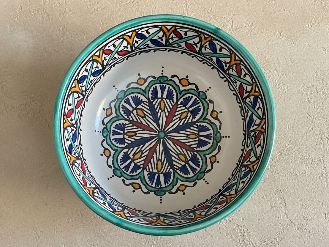 Handgemaakte Marokkaanse saladeschaal Blauw Waaierrozet 20 cm