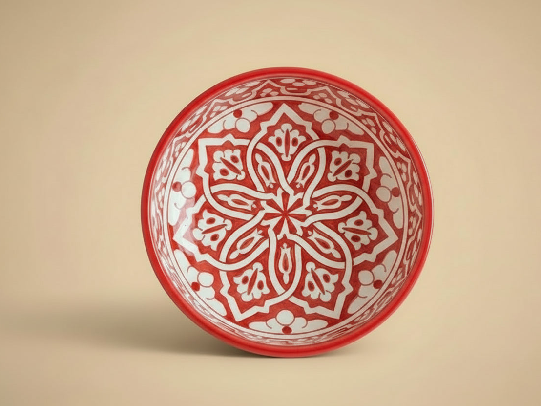 Handgemaakte Marokkaanse saladeschaal Koraal Arabesk 24 cm