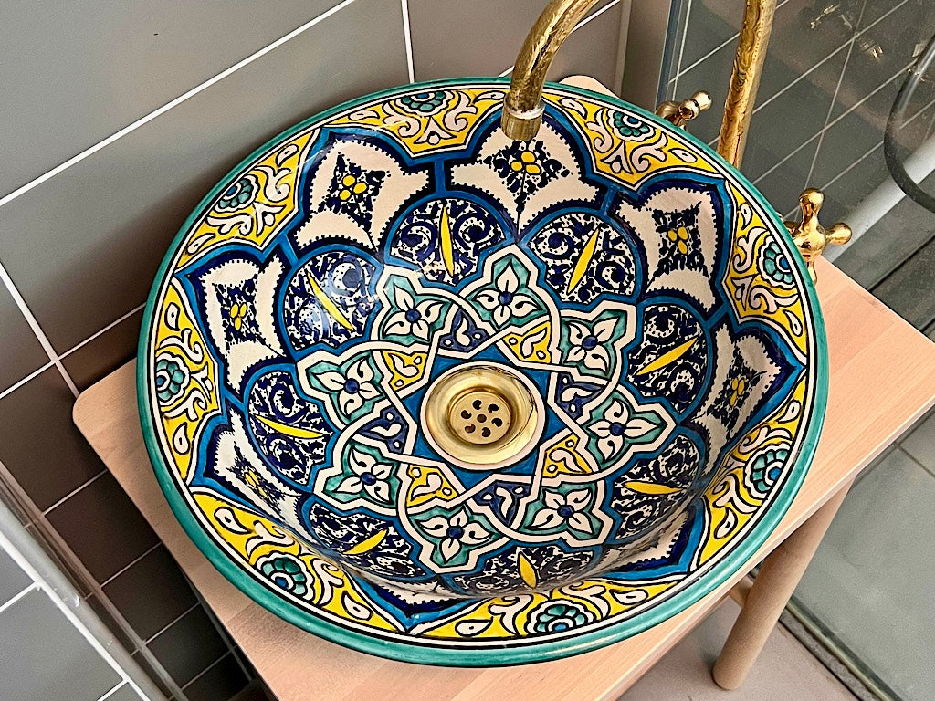 Handgemaakte Marokkaanse waskom Casablanca Arabesque 40 cm – schuin bovenaanzicht