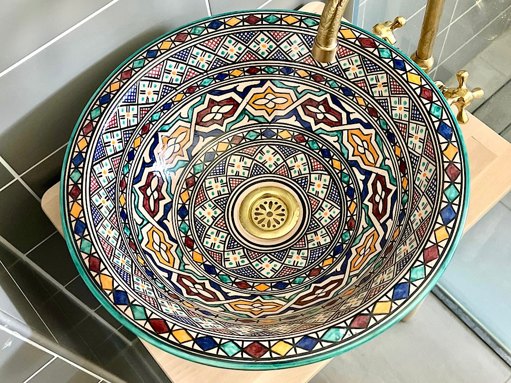 Handgemaakte Marokkaanse waskom Marrakech Mozaïekringen 40 cm – schuin bovenaanzicht