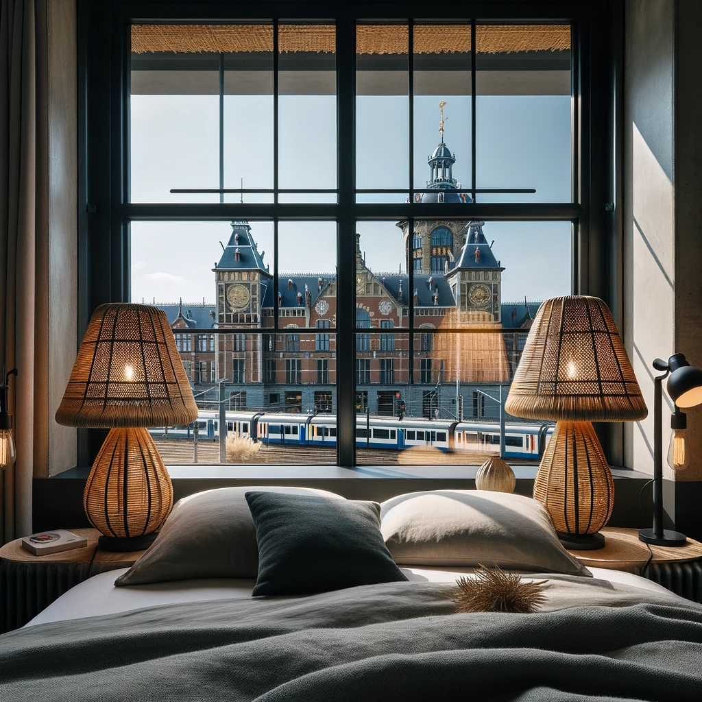 Een moderne slaapkamer met grote ramen biedt uitzicht op het Centraal Station van Utrecht, geflankeerd door twee raffia tafellampen met een natuurlijke en zwart geverfde afwerking aan weerszijden van het bed.