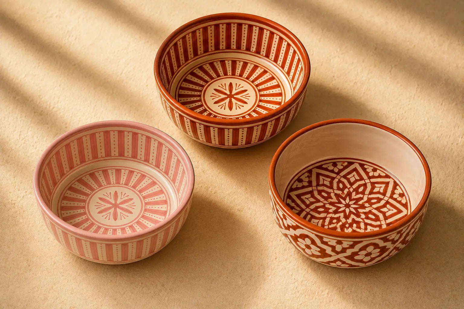 Drie handgemaakte Marokkaanse saladeschalen van 17,5 cm
