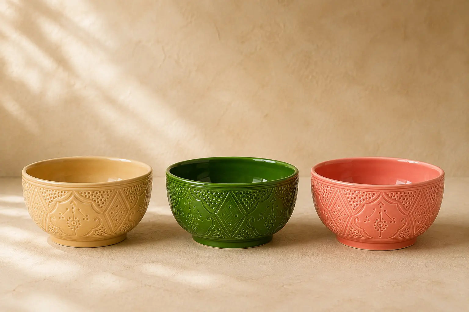 Collectie handgemaakte Marokkaanse saladeschalen van circa 21 cm