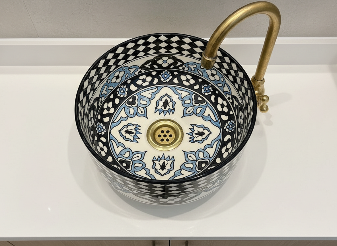 Handgemaakte Marokkaanse Waskom blauw/zwart 30 cm