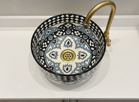 Handgemaakte Marokkaanse Waskom blauw/zwart 30 cm