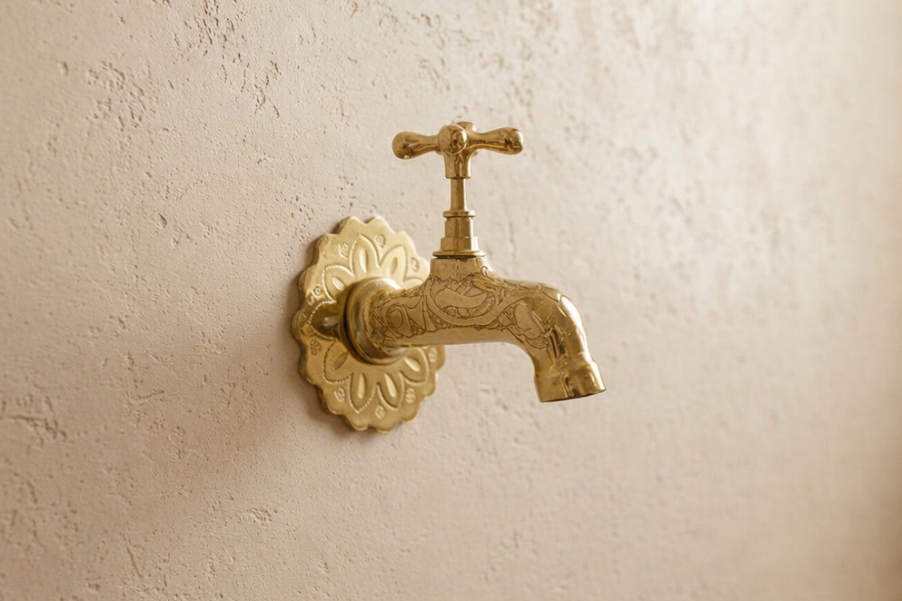 Vintage Gegraveerde Messing Fonteinkraan – Luxe Hamam Stijl