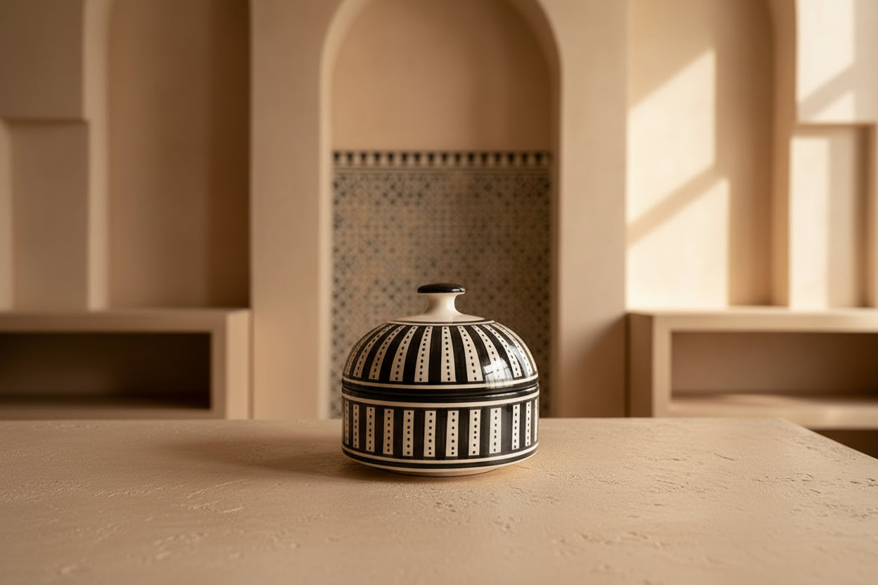 Gestreepte keramiek pot in het zwart