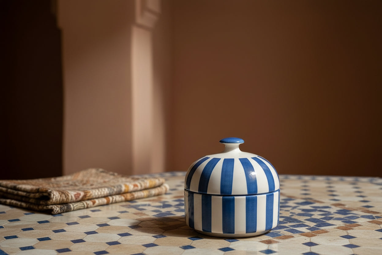 Gestreepte schaal met deksel blauw