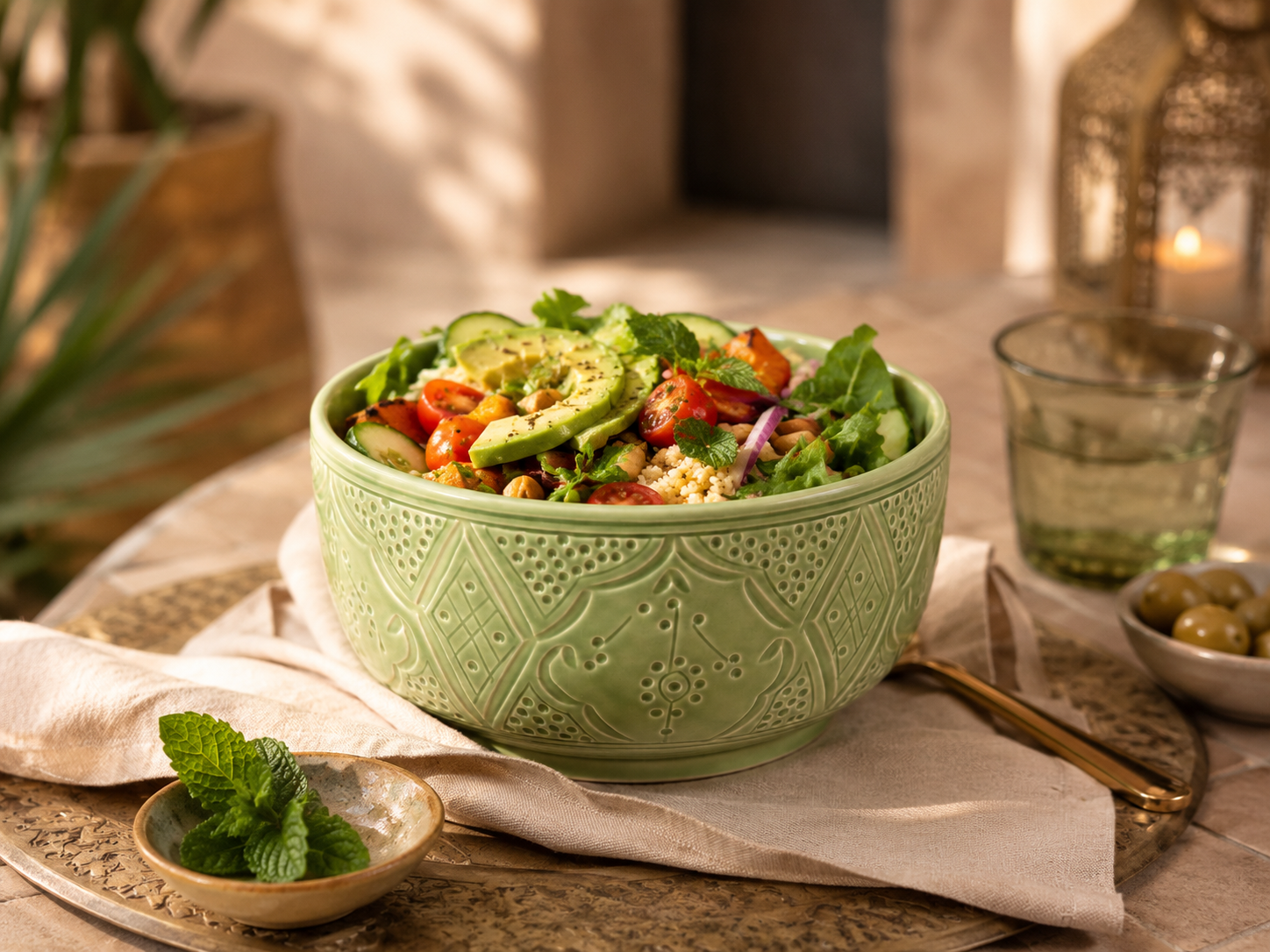 Handgemaakte Marokkaanse Saladeschaal Mintgroen 21cm