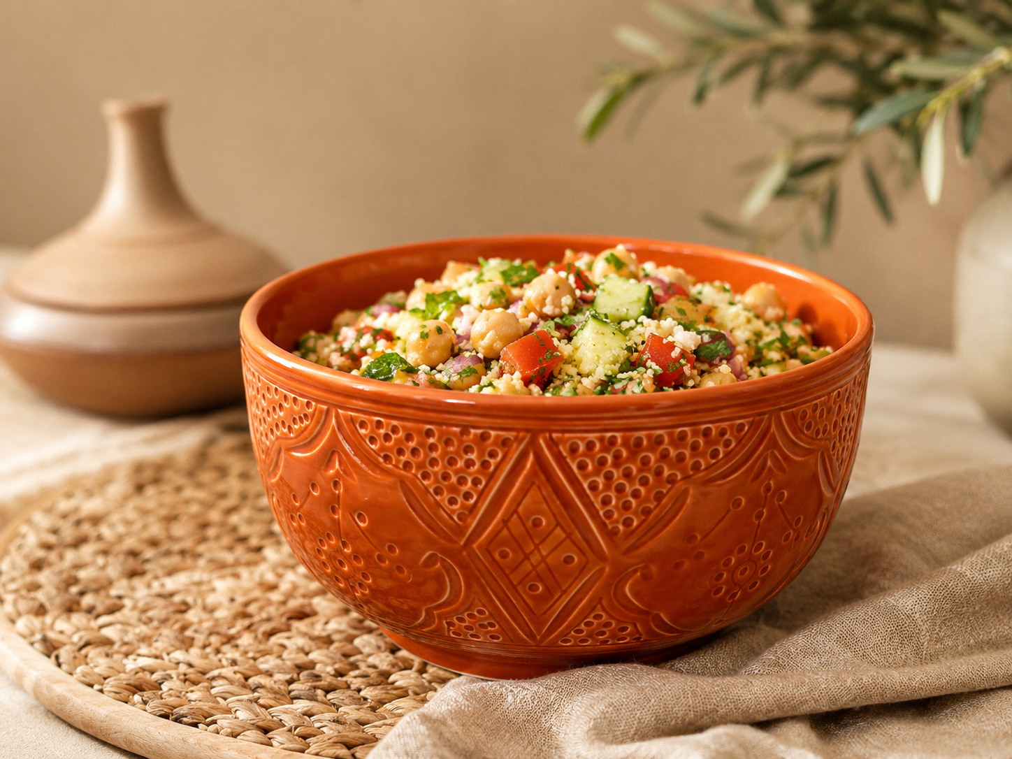 Handgemaakte Marokkaanse Saladeschaal Terracotta 21cm