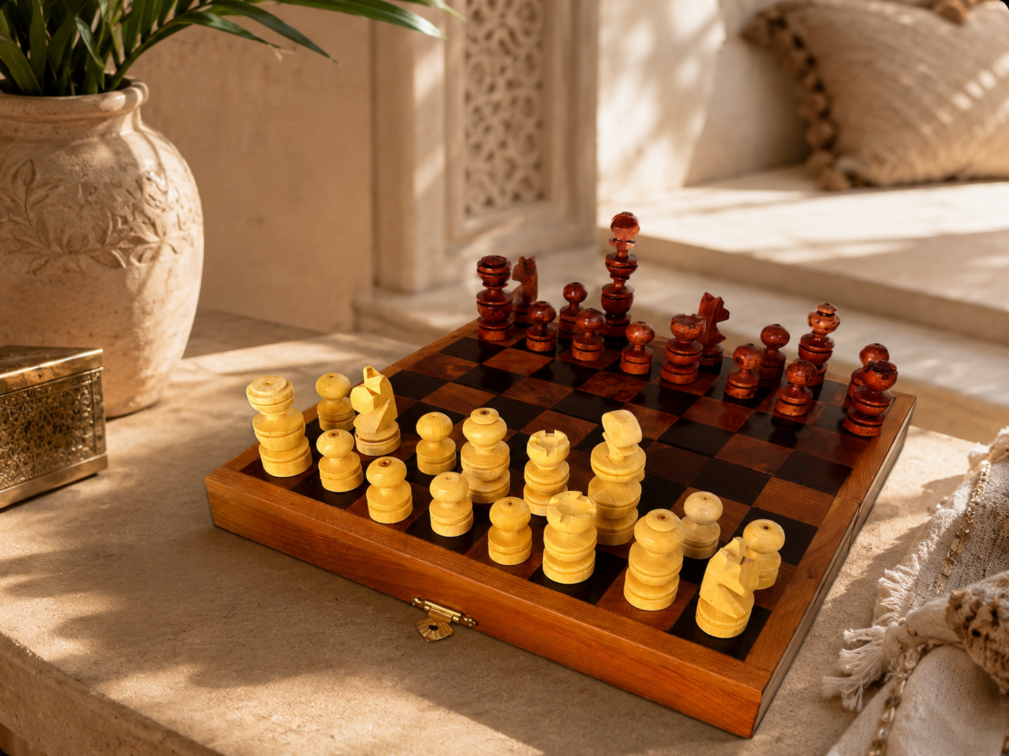 Handgemaakt Opvouwbaar Schaakbord uit Essaouira – Houten Schaakbord 20cm