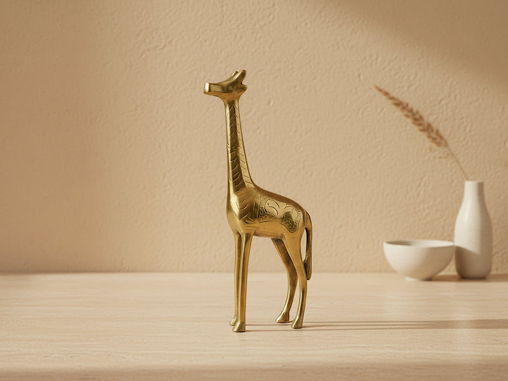 Handgemaakt giraffebeeld van massieve messing met gravure
