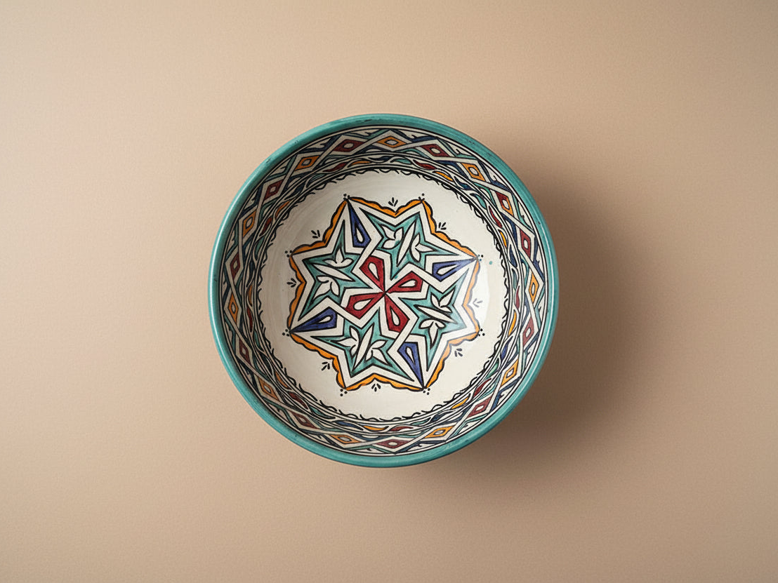 Handgemaakte Marokkaanse saladeschaal Turkoois Sterrozet 25 cm