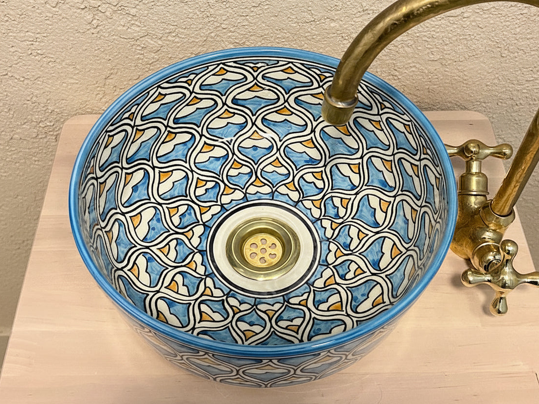 Handgemaakte Marokkaanse waskom Blauw Geometrisch 30 cm