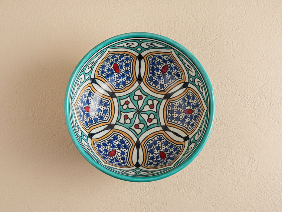Handgemaakte Marokkaanse saladeschaal Blauw Bloemcartouche 20 cm