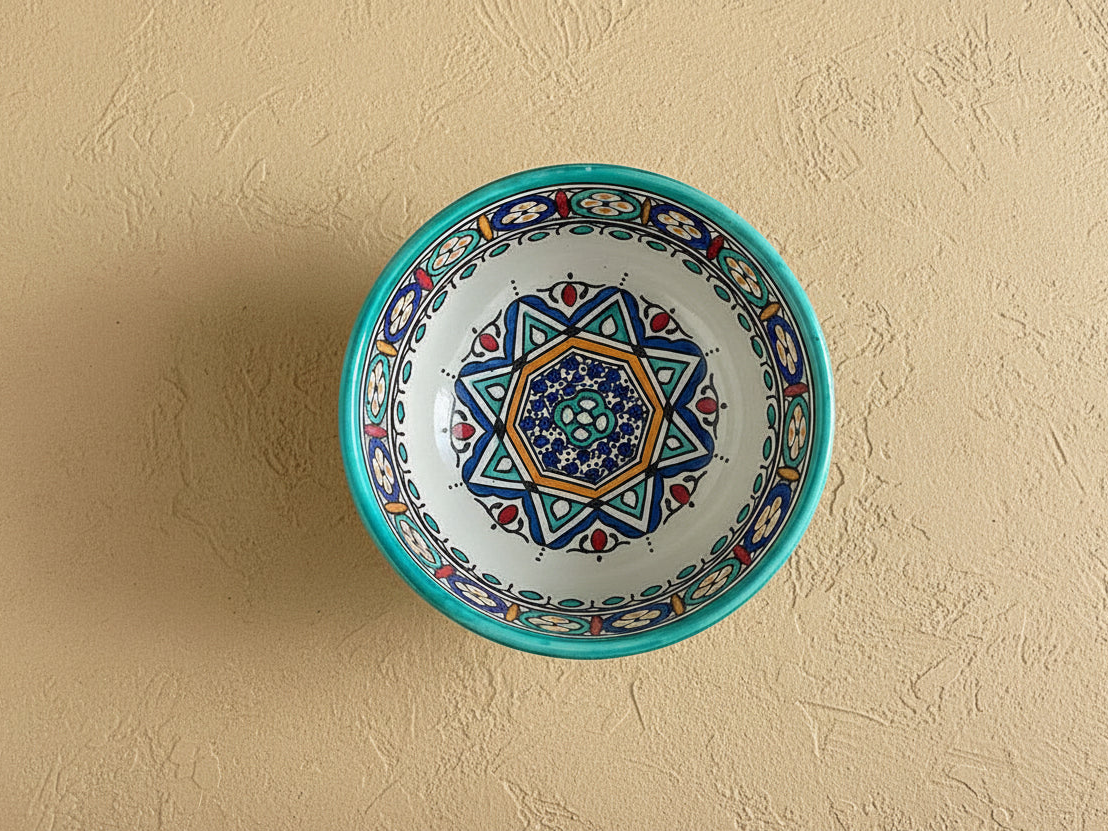 Handgemaakte Marokkaanse saladeschaal Turkoois Sterbloem 20 cm