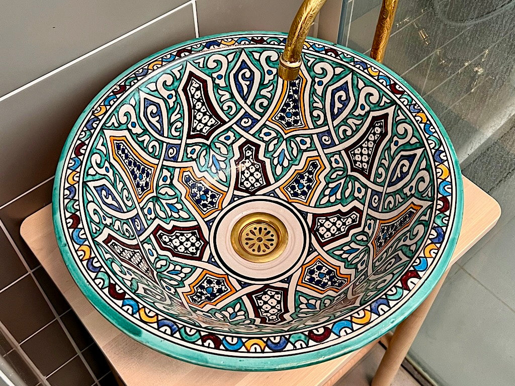 Handgemaakte Marokkaanse waskom Marrakech Arabesque 40 cm – schuin bovenaanzicht