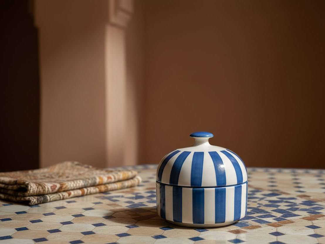 Gestreepte schaal met deksel blauw